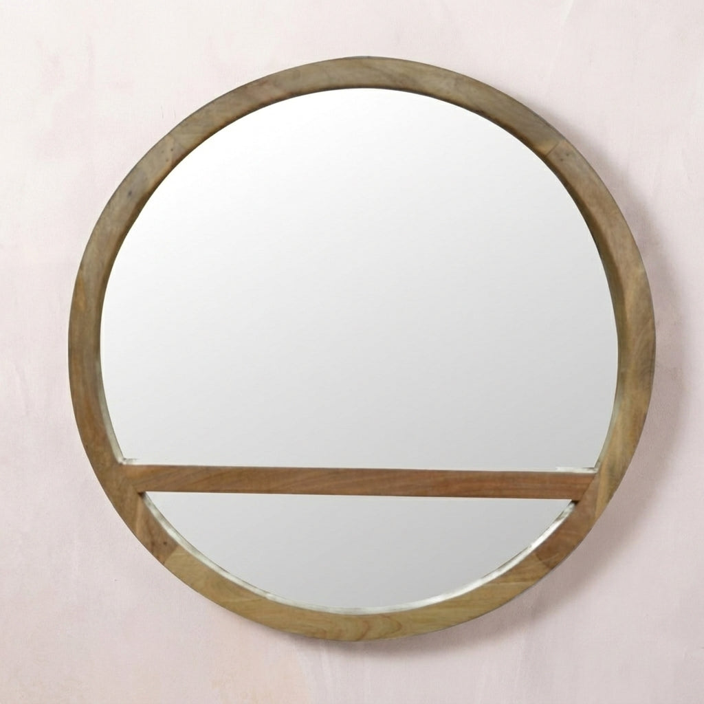 Wooden Round Mirror with 1 Shelf