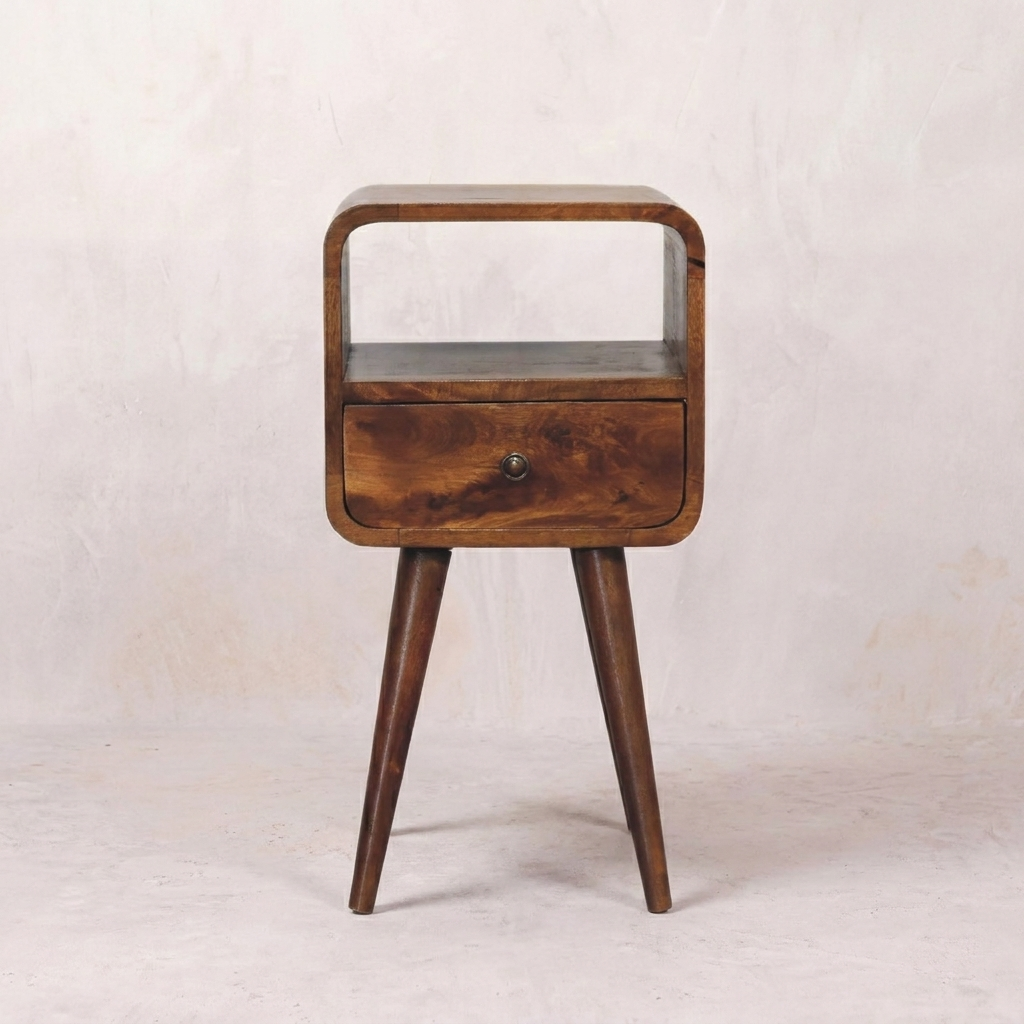 Mini Chestnut Curved Nightstand — Solid Mango Wood Bedside Table with Drawer & Open Shelf