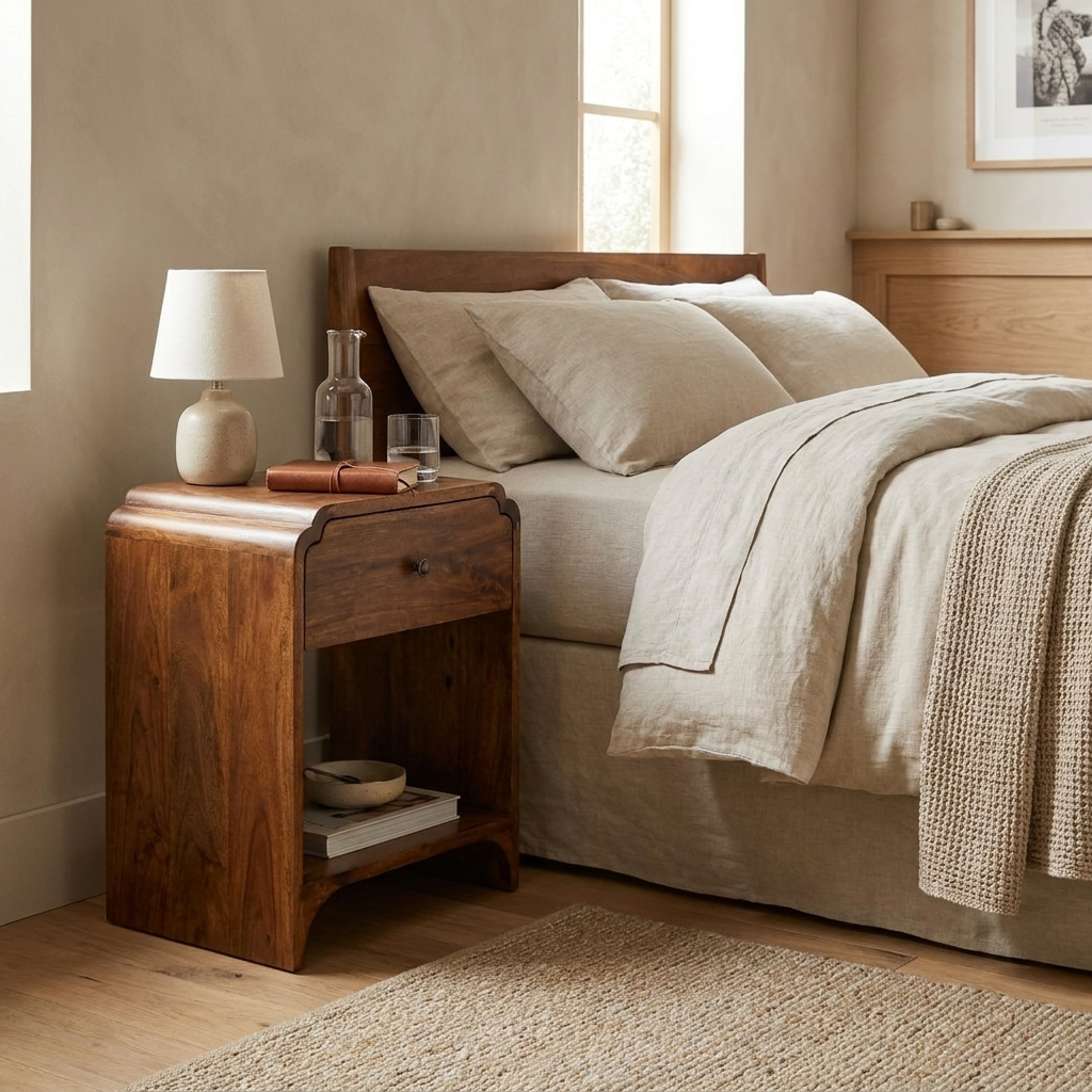 Newton Nightstand — Solid Mango Wood, Chestnut Finish