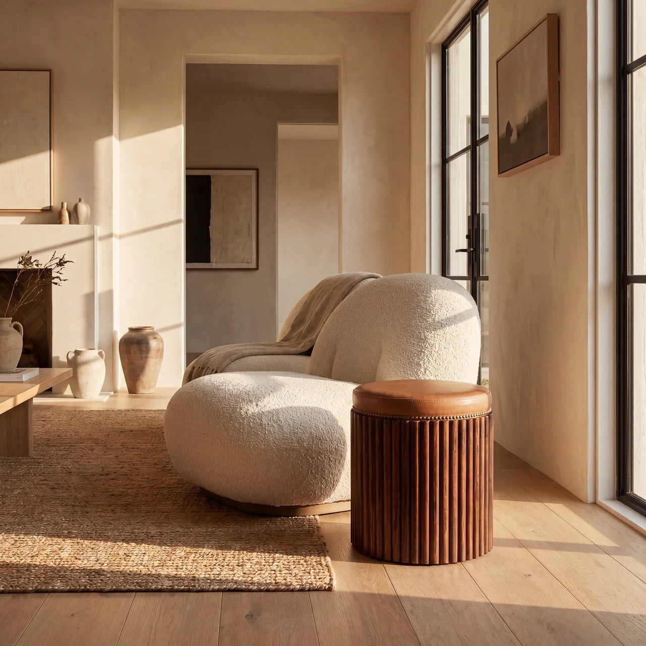 Ribbed Leather Accent Stool