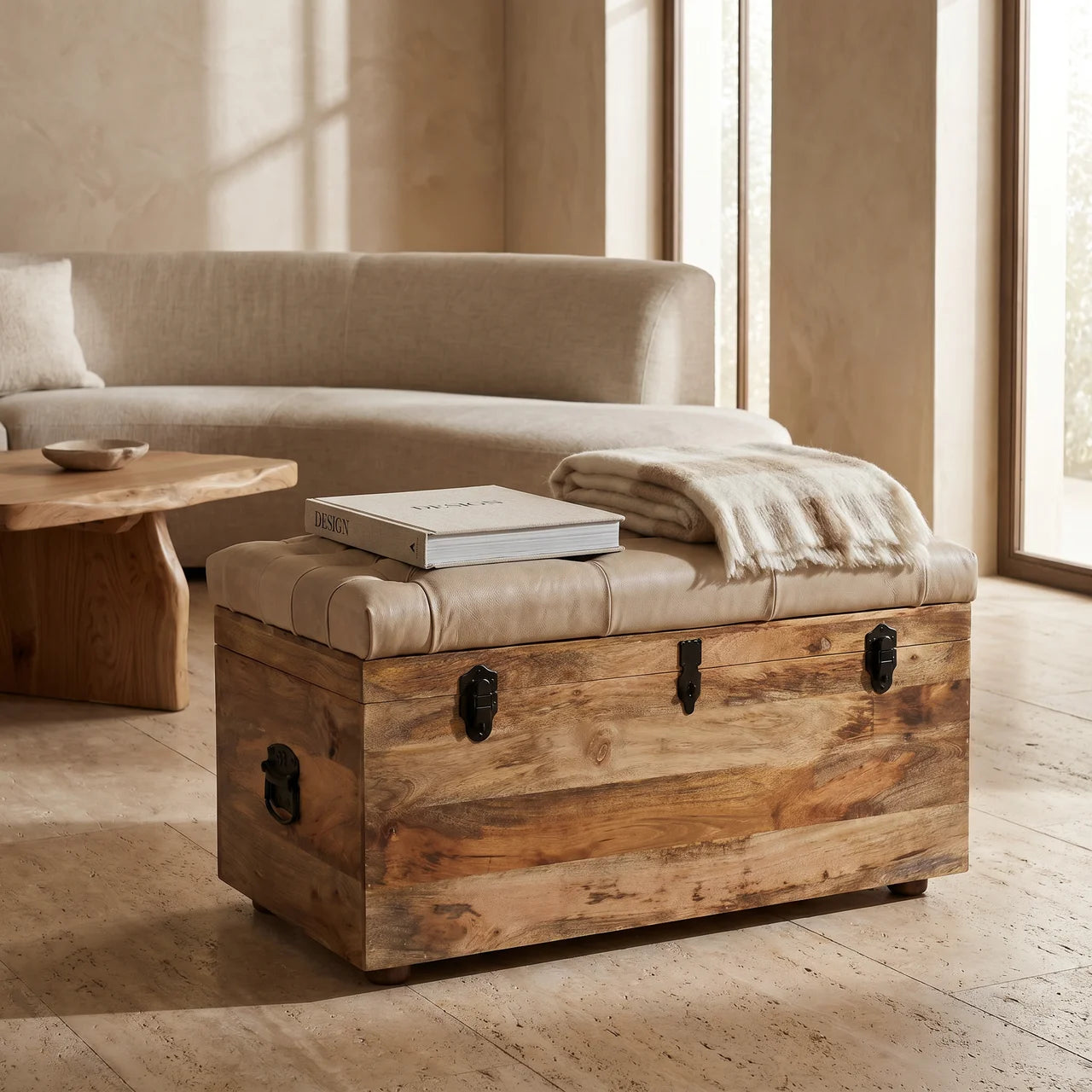 Beige Buffalo Leather Storage Trunk in Solid Mango Wood