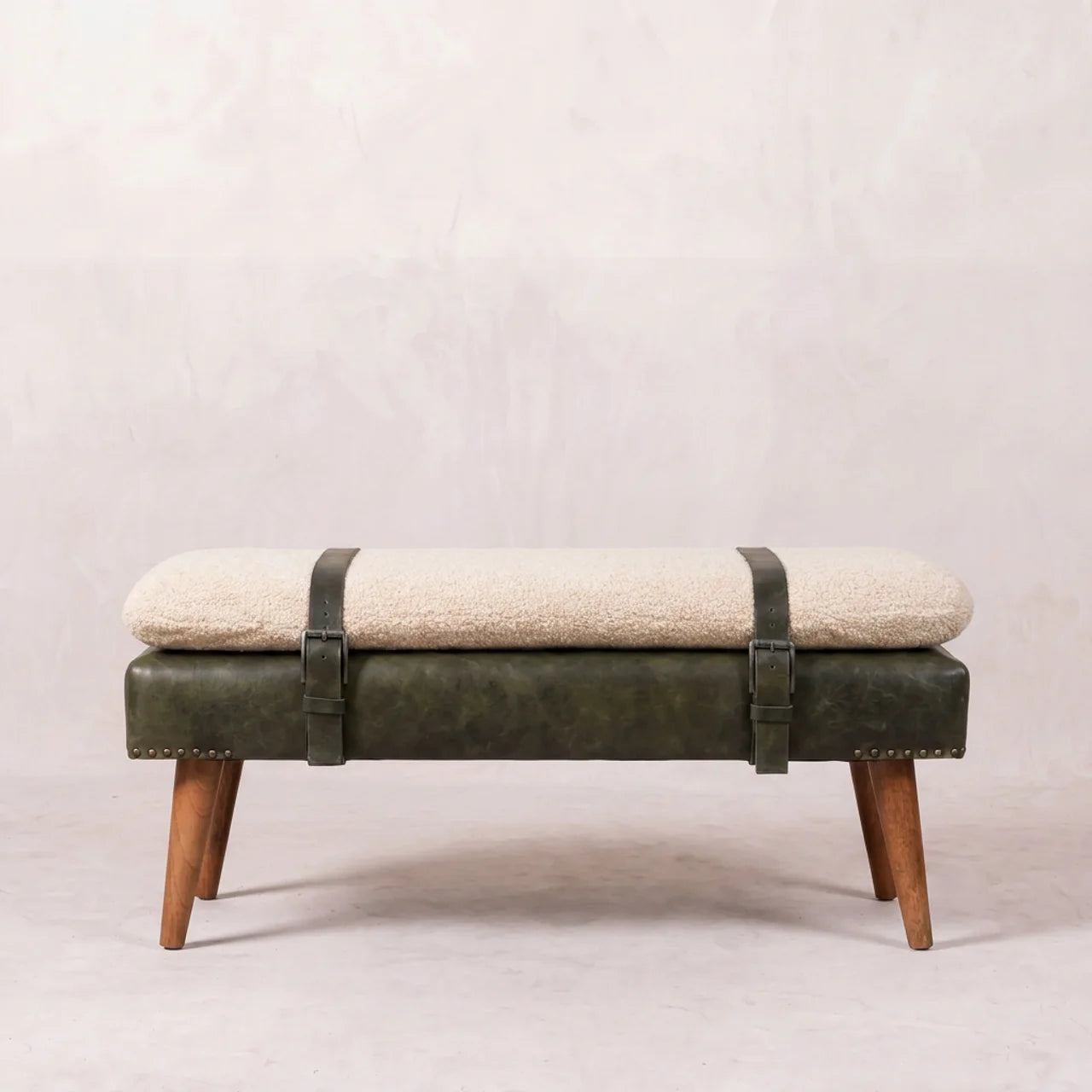 Bouclé Buffalo Hide Olive Green Leather Bench