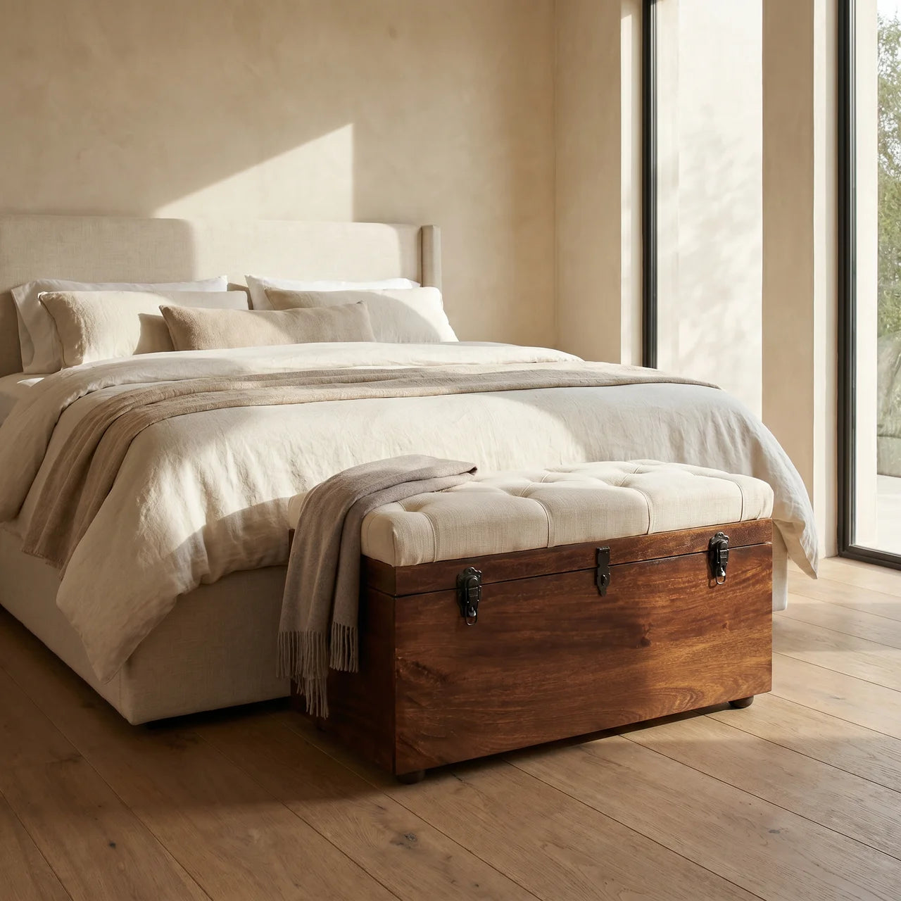 California Walnut White Linen Storage Trunk