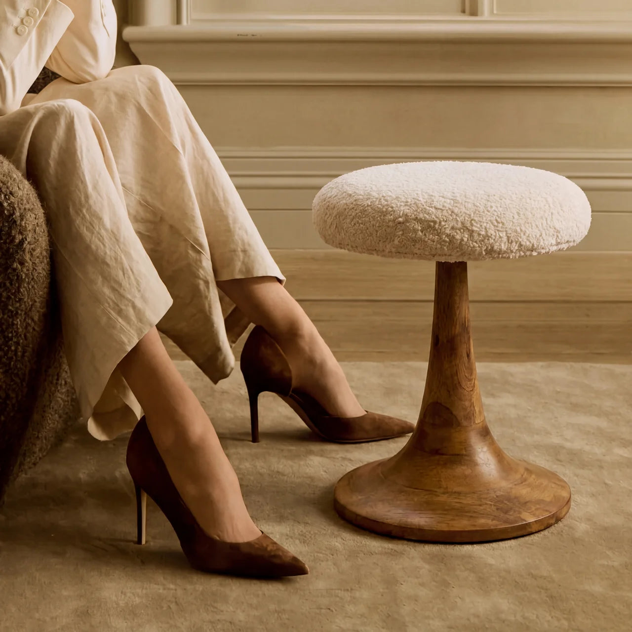 Boucle Teak Accent Stool
