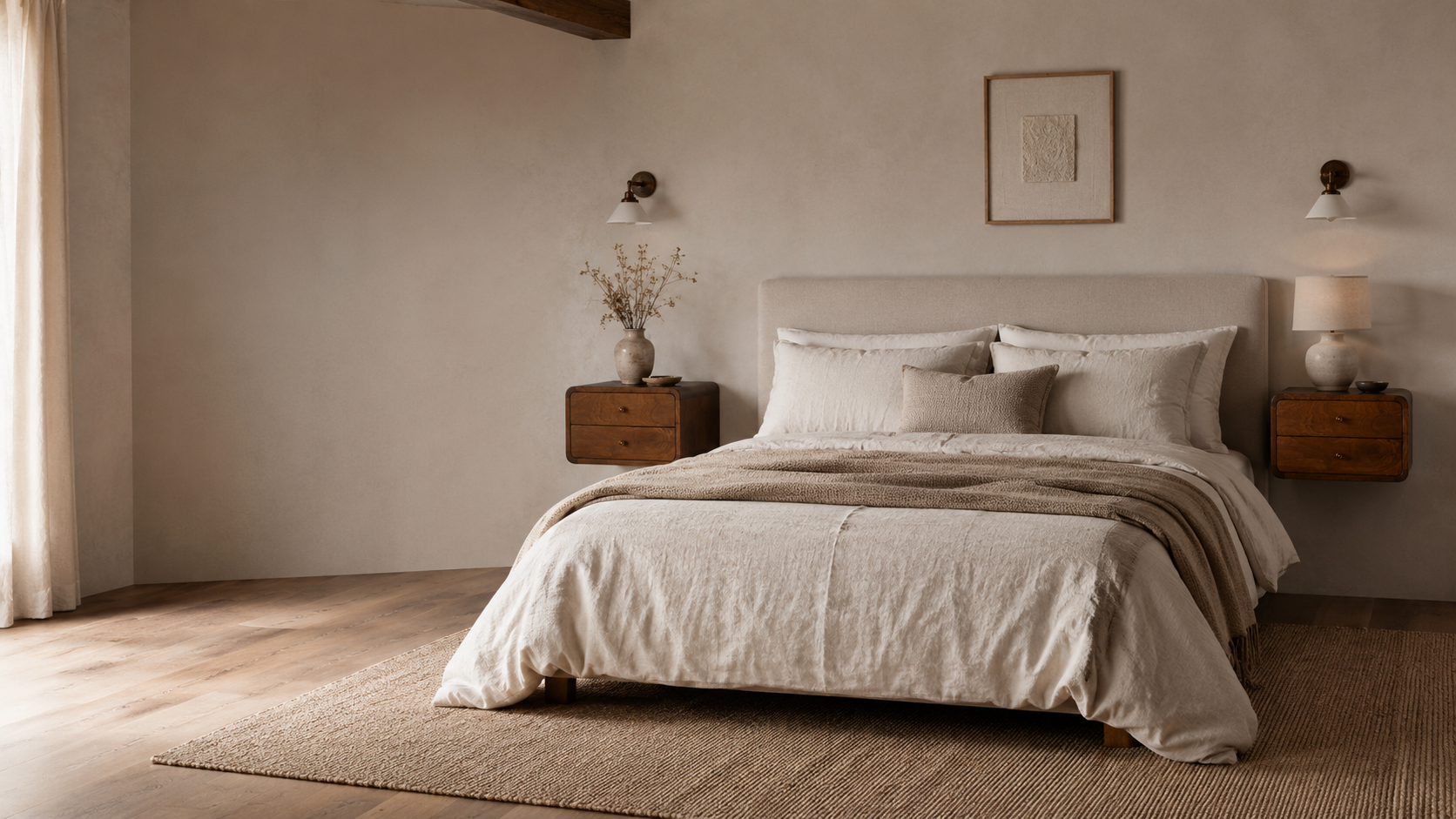 Calm neutral bedroom with a linen bed, two matching wall-mounted wooden nightstands, ceramic lamp, dried stems, wall sconces, woven rug and soft natural light.