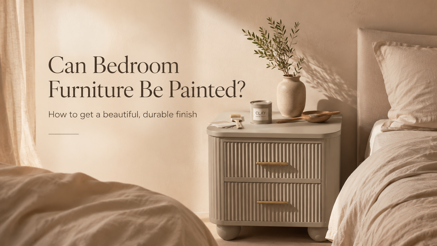 A warm, neutral bedroom scene with soft natural light, linen bedding, and a painted bedside table styled with a vase, paint pot, brush, and small decor items. Text on the left reads, Can Bedroom Furniture Be Painted? How to get a beautiful, durable finish
