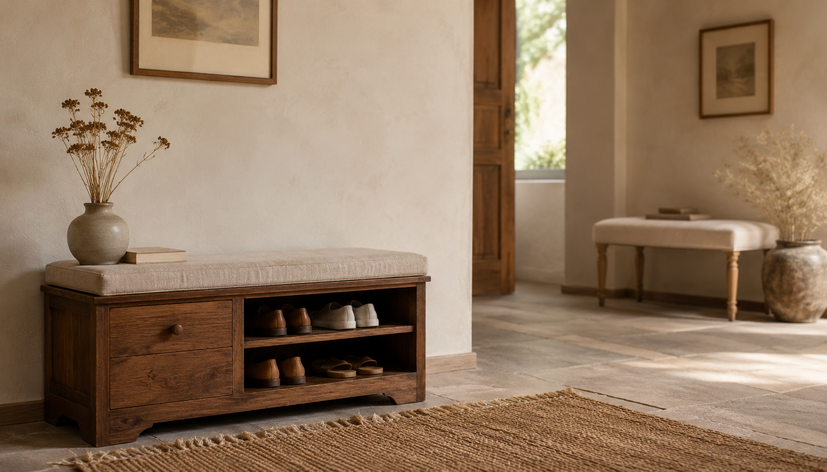 Solid wood hallway bench with linen cushion, shoe storage, dried stems and warm natural light in a calm neutral interior.