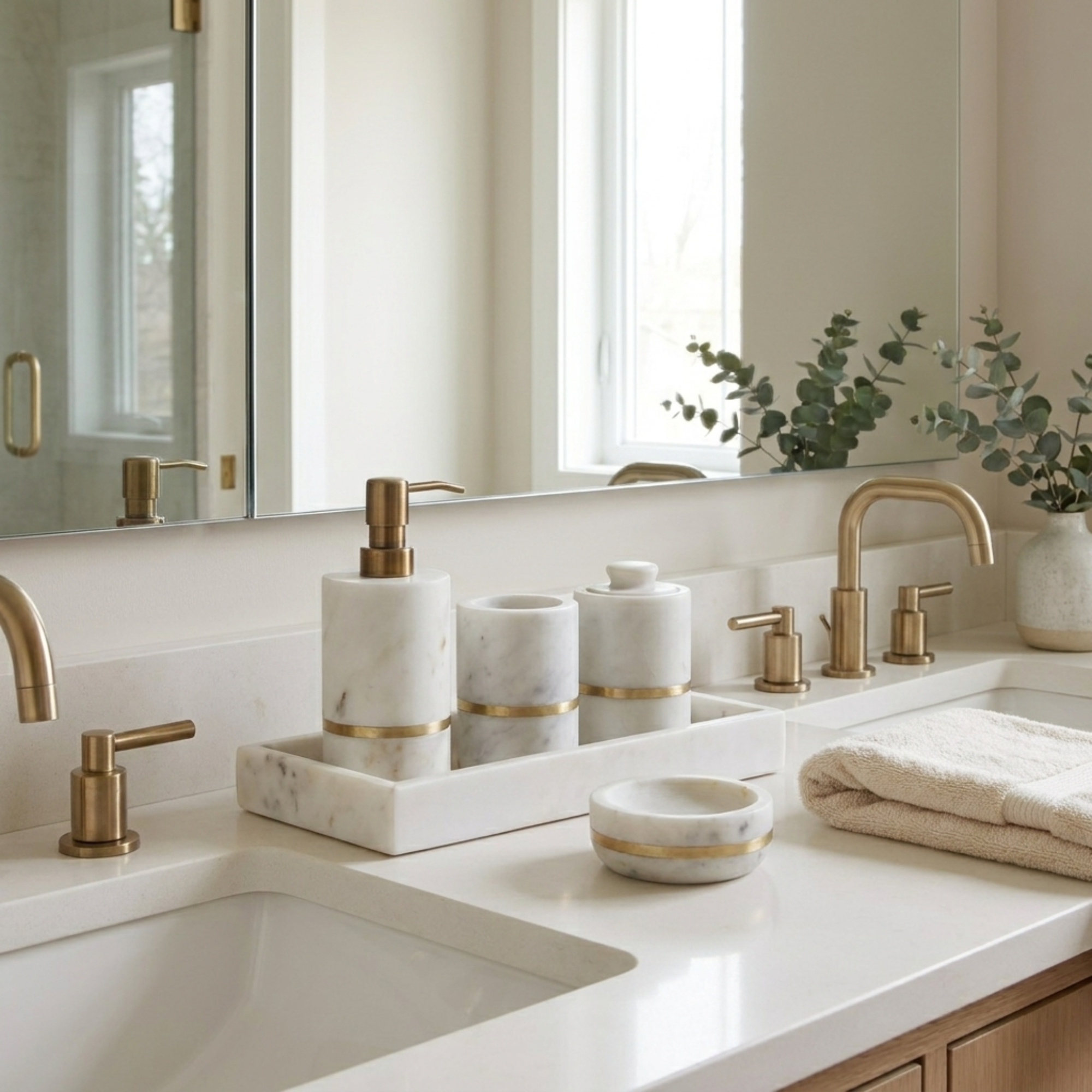 Brass Inlay and Marble Bathroom Set of 5