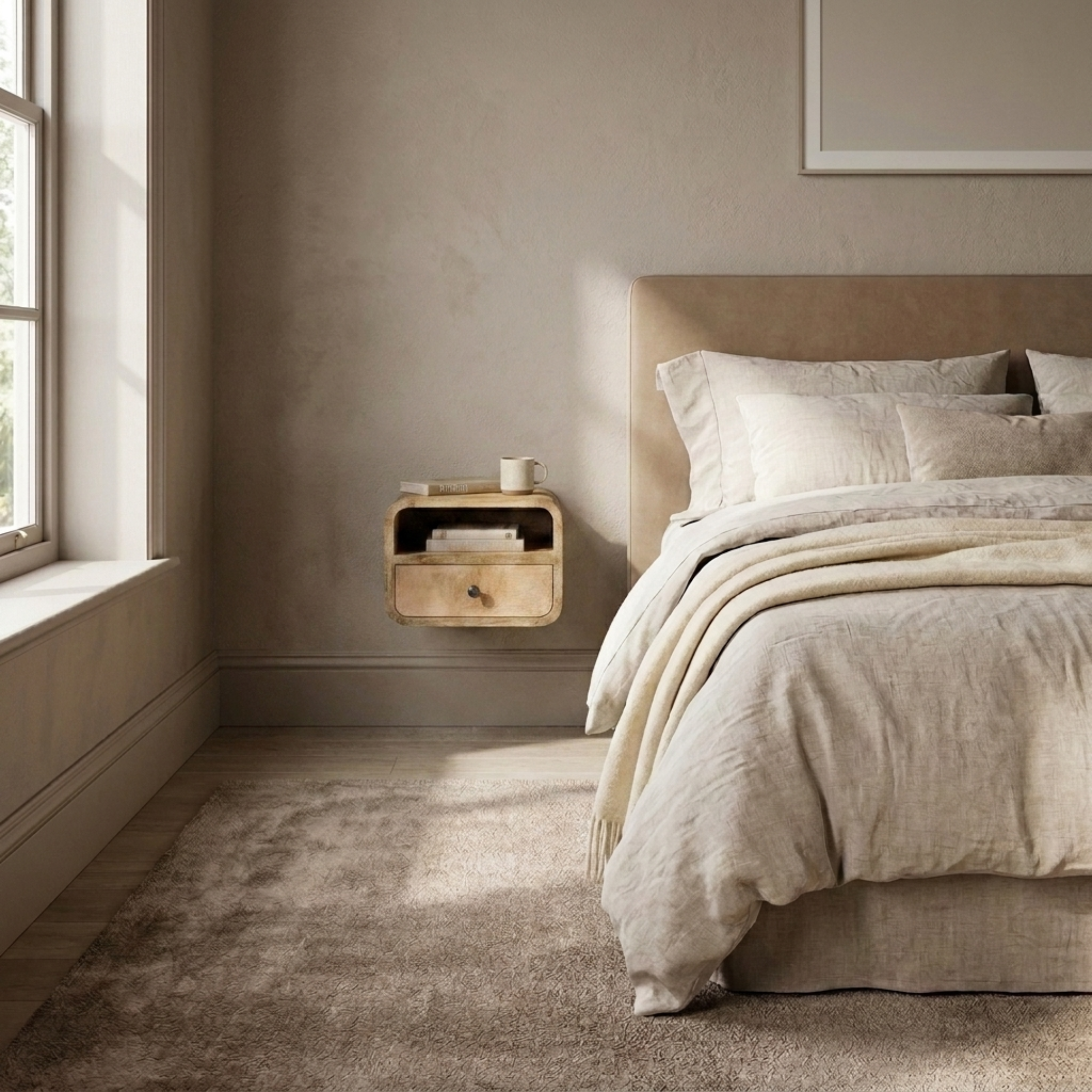 Extra Mini Wall Mounted Curved Oak-ish Bedside with Open Slot