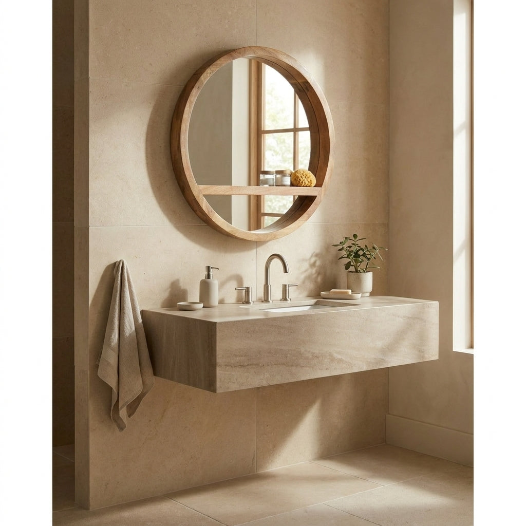 Wooden Round Mirror with 1 Shelf