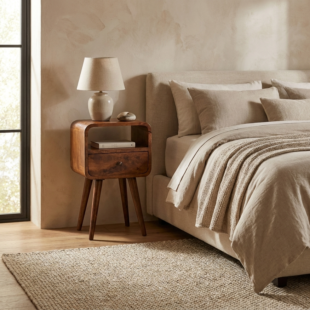 Mini Chestnut Curved Nightstand — Solid Mango Wood Bedside Table with Drawer & Open Shelf