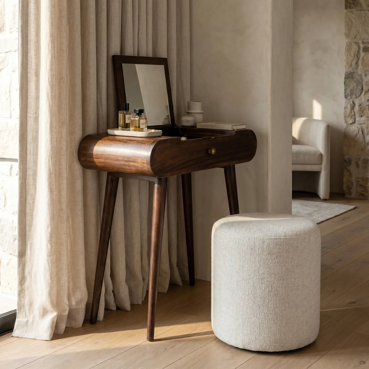 Mini California Walnut Dressing Table with Foldable Mirror