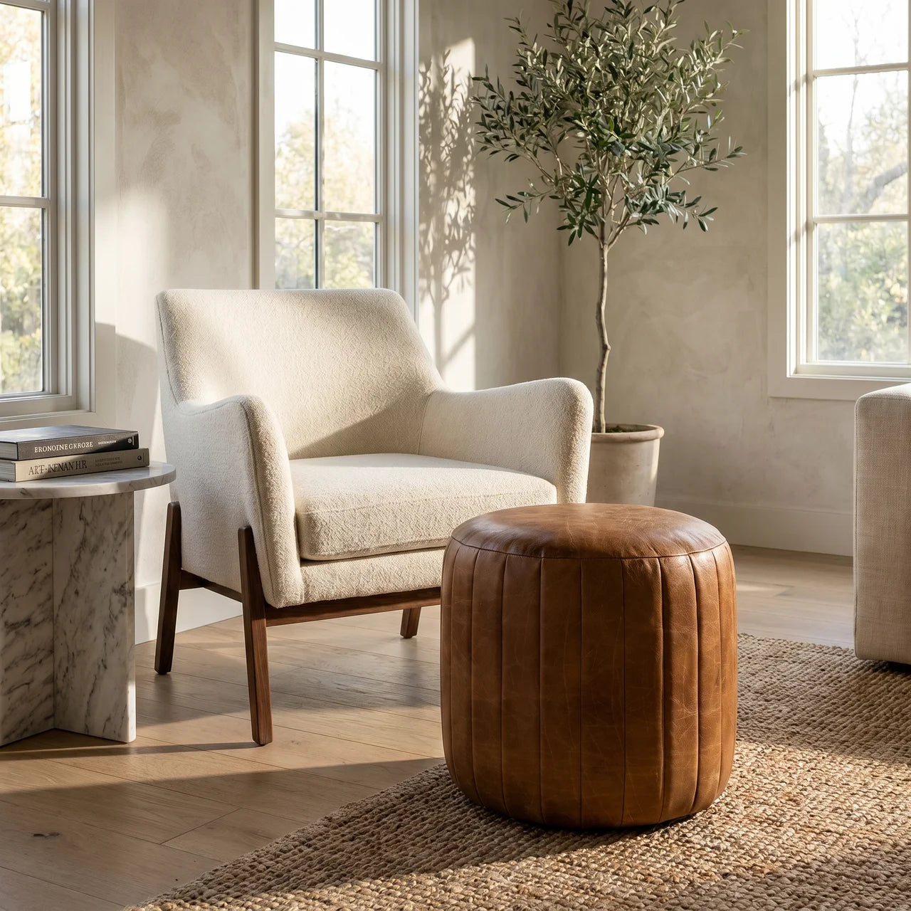 Buffalo Leather Boucle Footstool