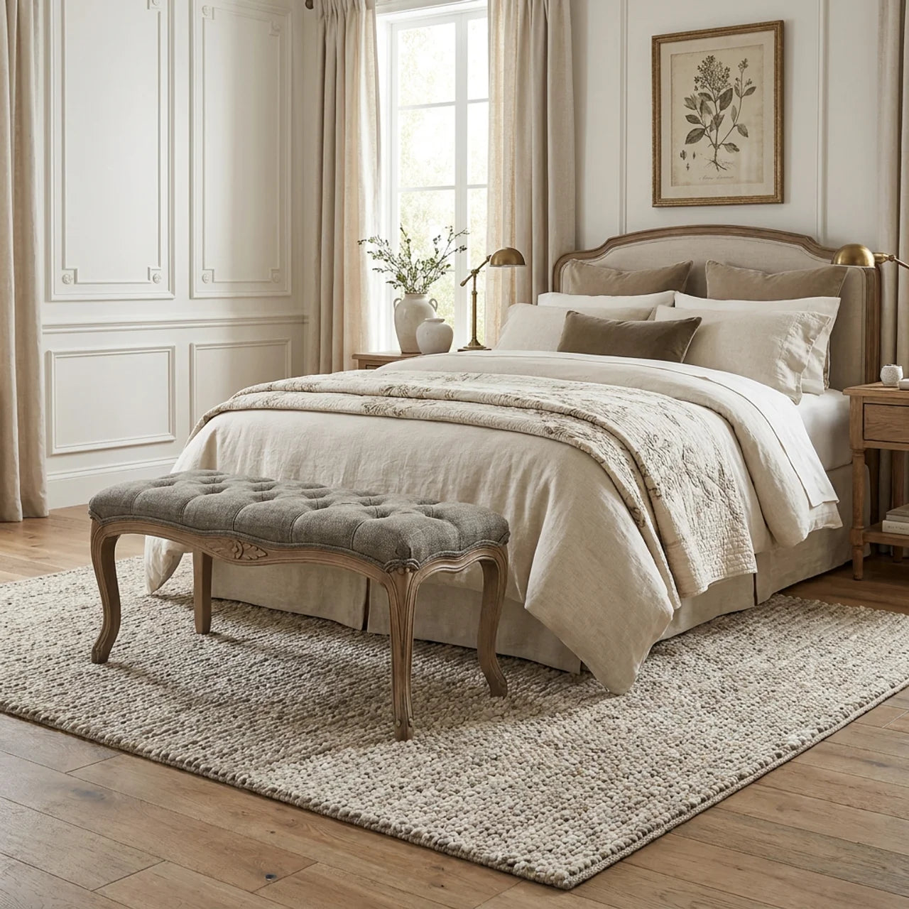 Multi Tweed Carved Bedroom Bench