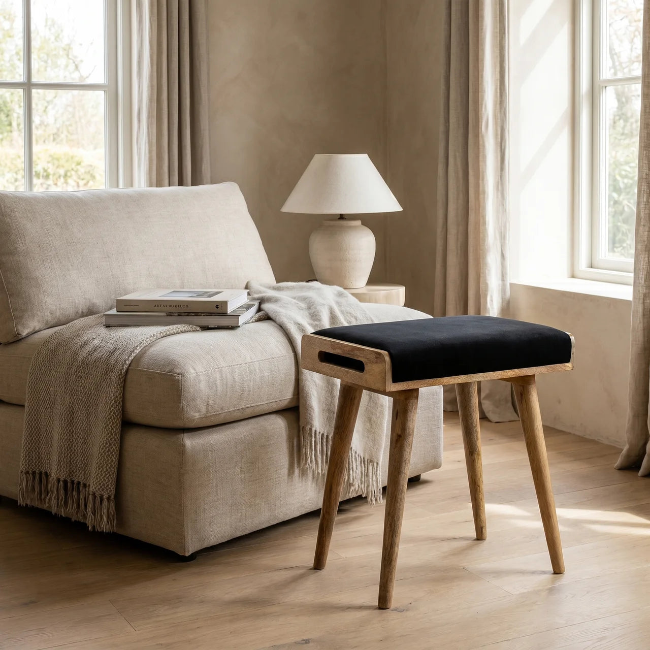 Black Velvet Tray Style Footstool