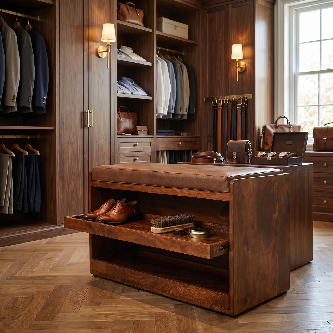 Buffalo Hide Pull out Chestnut Shoe Storage Bench