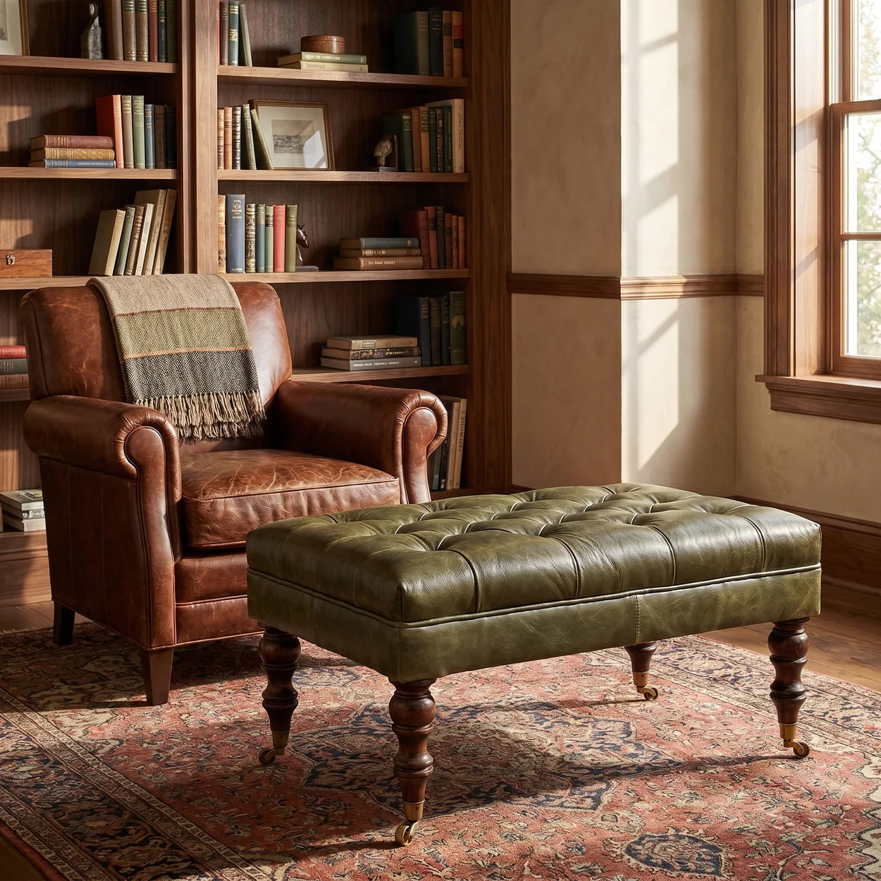 Buffalo Green Leather Ottoman with Castor Legs